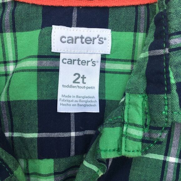 3/$20 CARTER’S Blue & Green PLAID Button Front SHIRT 2T - Picture 2 of 3